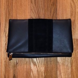 Black Vegan Leather Foldover Zippered Clutch